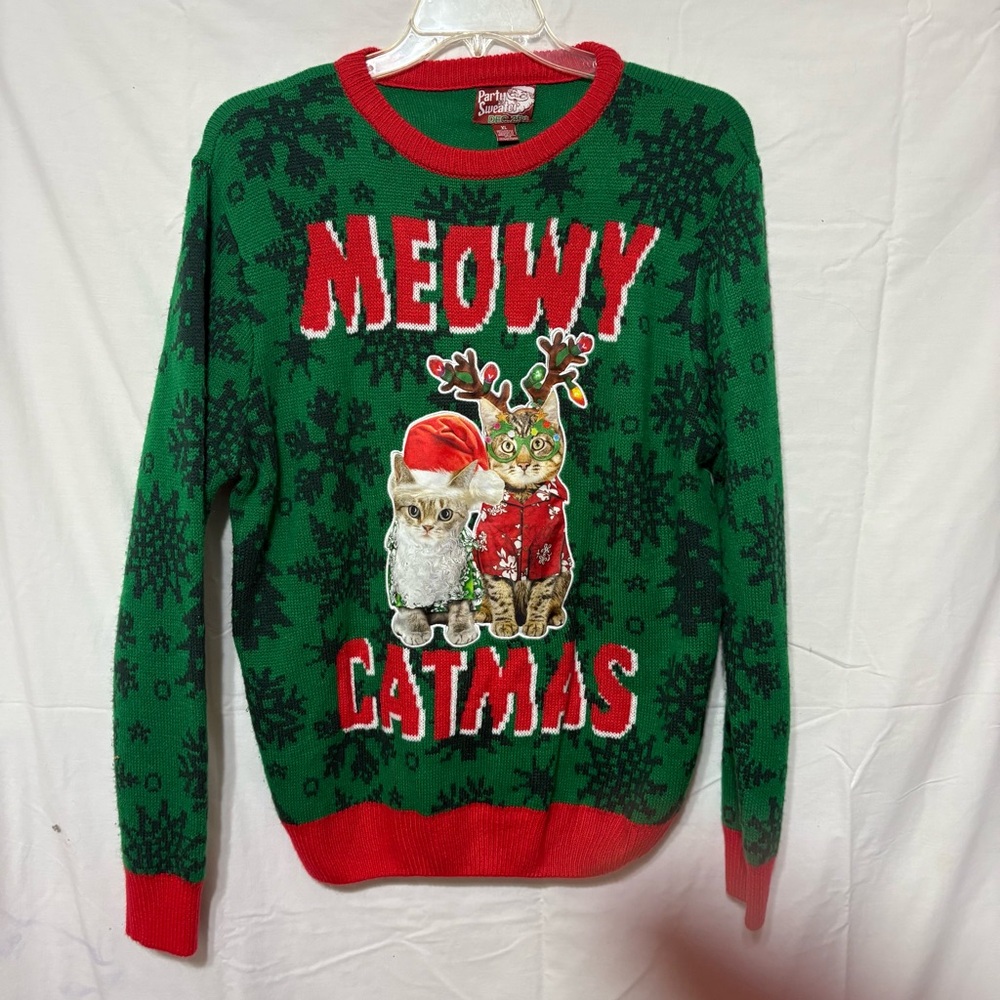 "Meowy Catmas" ugly Christmas sweater by the brand Party Sweater.